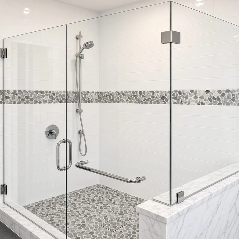 Marble-tiled shower with corner bench and recessed niche