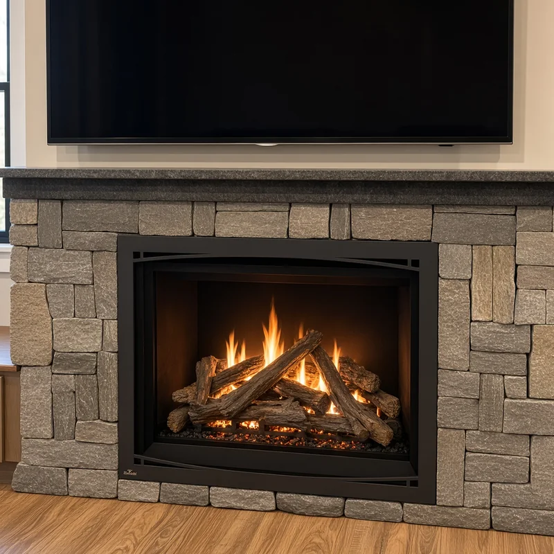 Gas fireplace insert set in a stacked stone surround with granite mantel
