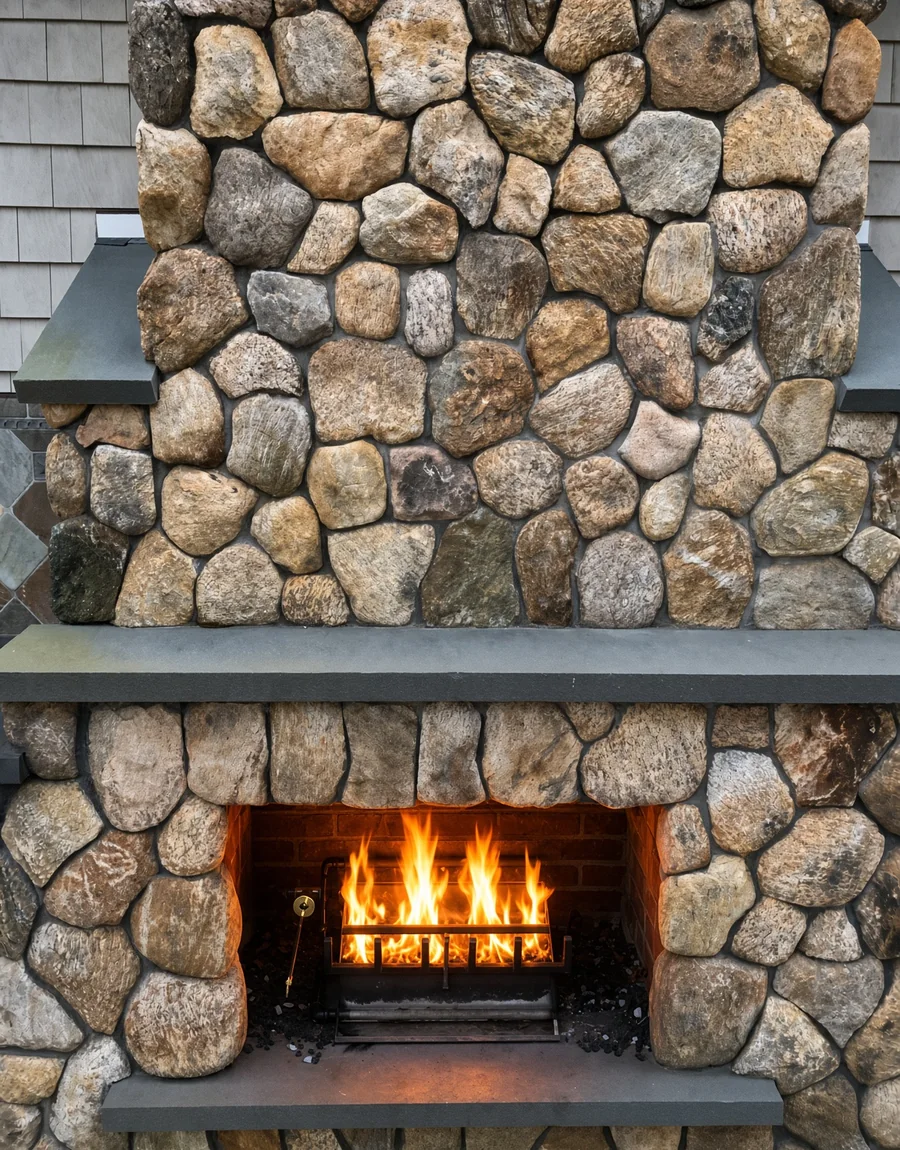 Exterior fieldstone fireplace with bluestone hearth and live fire