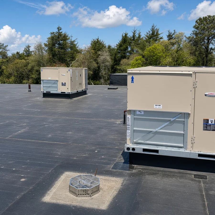 New Lennox rooftop units set on a commercial flat roof