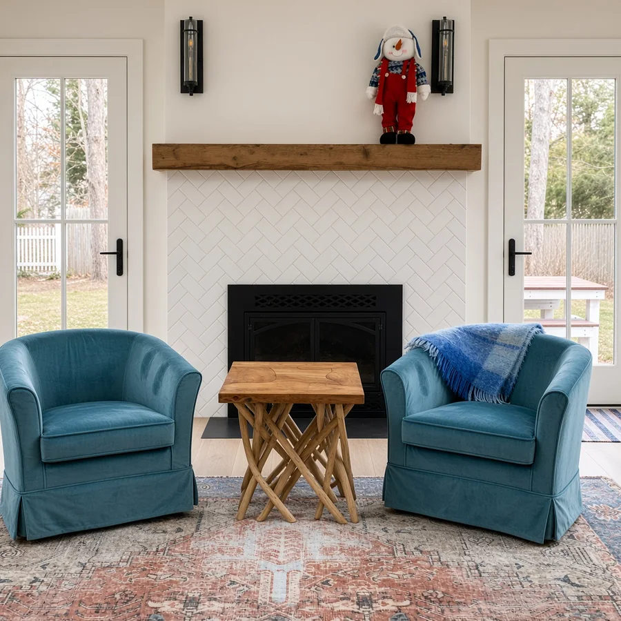 Fireplace with white herringbone tile surround and reclaimed timber mantel