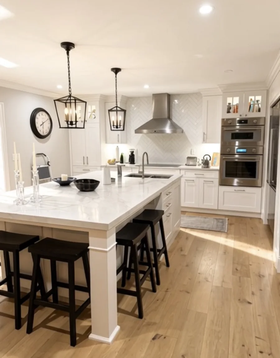 White kitchen with large granite island and seating for five