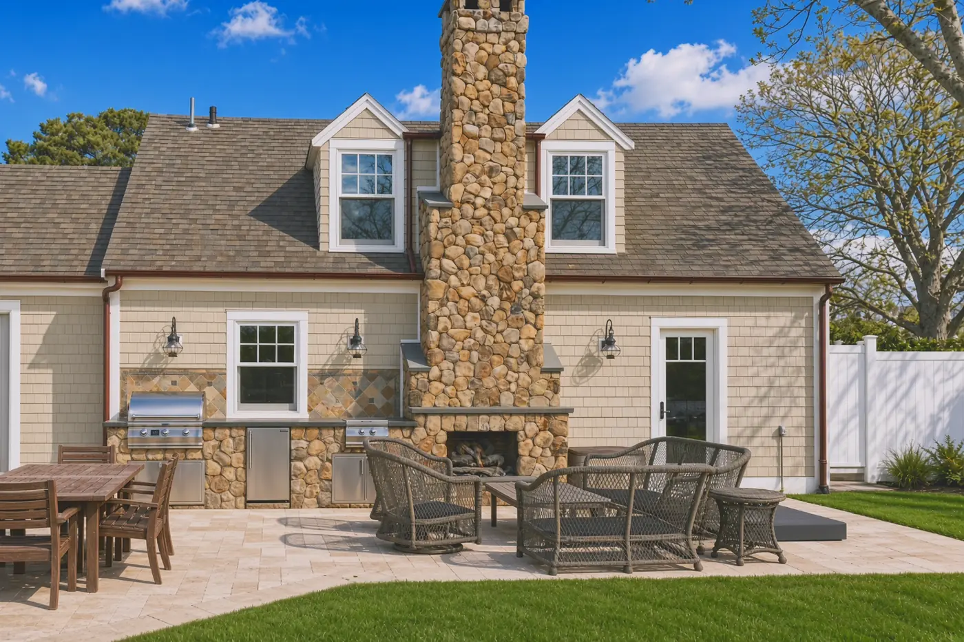 Outdoor kitchen and full fieldstone fireplace chimney on a travertine patio