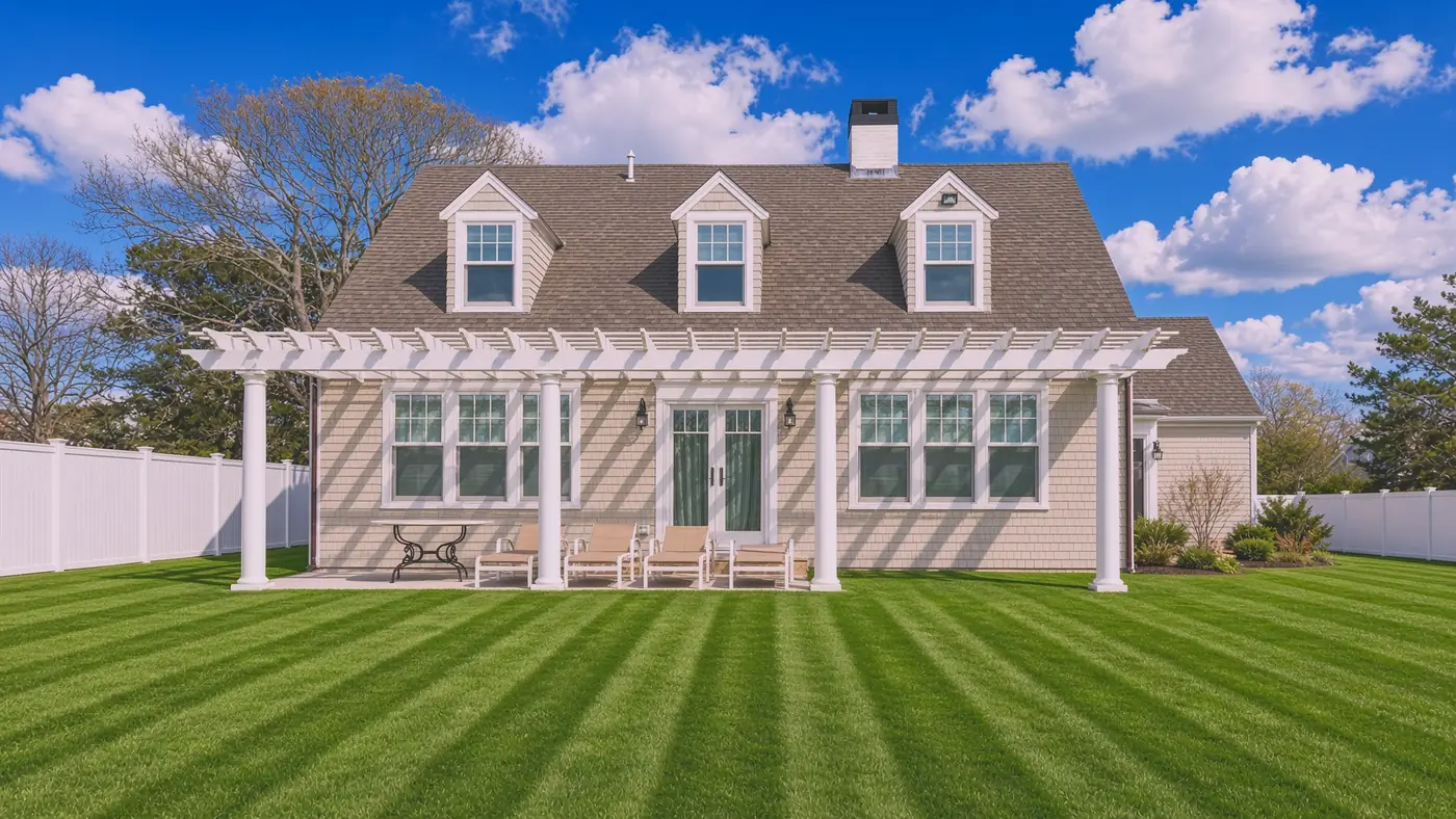 Rear elevation with a white pergola over the patio and finished lawn