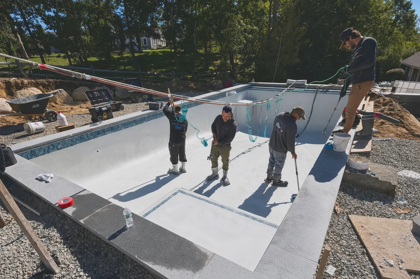 Crew finishing the interior of a new gunite pool