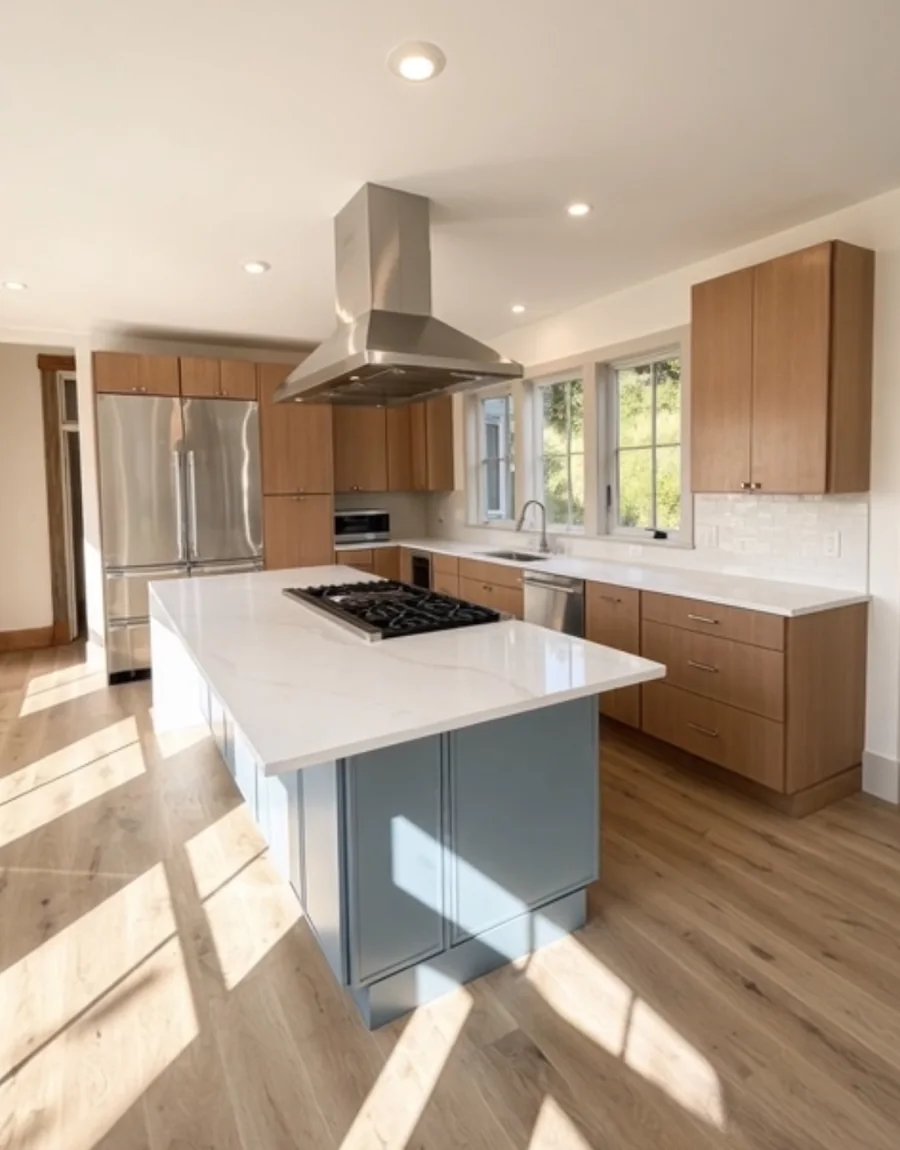 Kitchen with butcher block island, professional range and pot filler