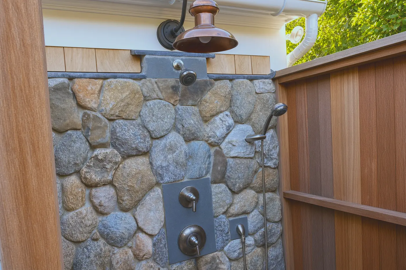 Outdoor shower built into a fieldstone wall with cedar enclosure and copper light