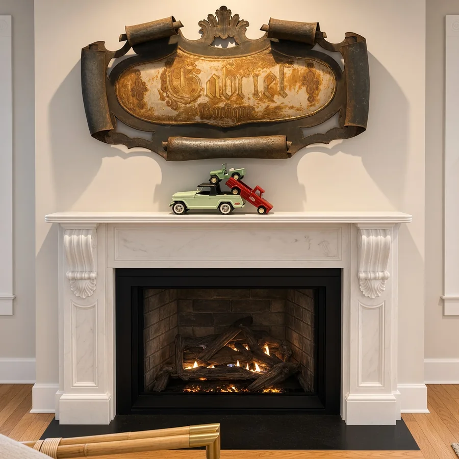 Marble mantel fireplace in a renovated sitting room