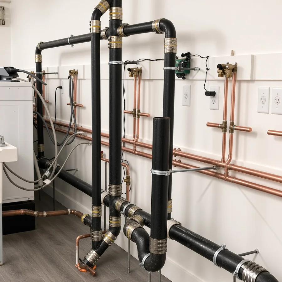 Commercial laundry plumbing — copper supply, cast iron waste and recessed valve boxes