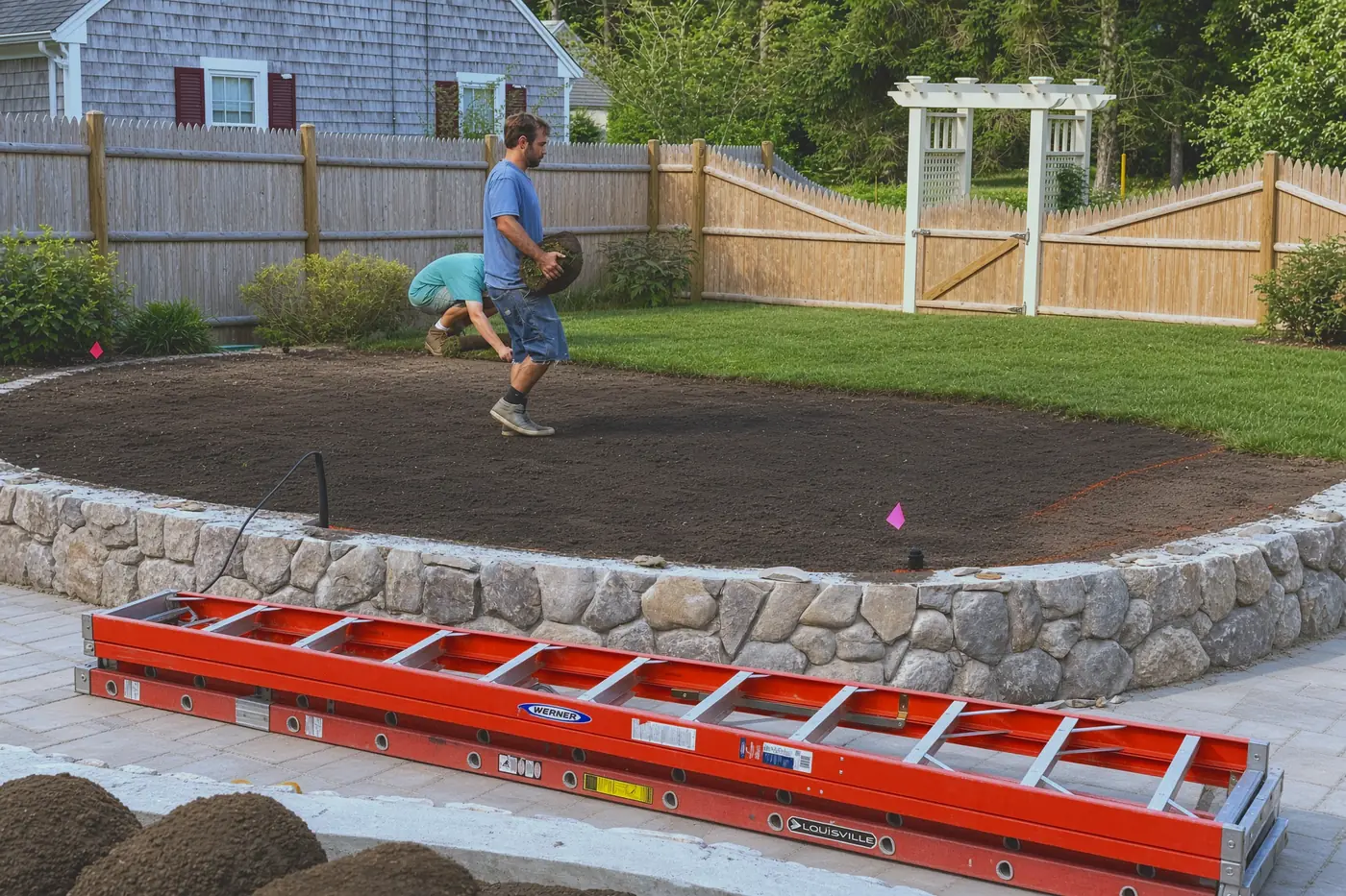 Fieldstone retaining wall with fresh sod going down behind it